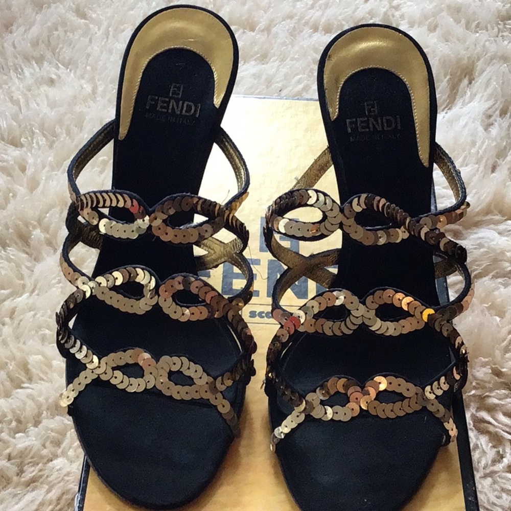 Fendi Black Satin w/Gold Sequin Sandals